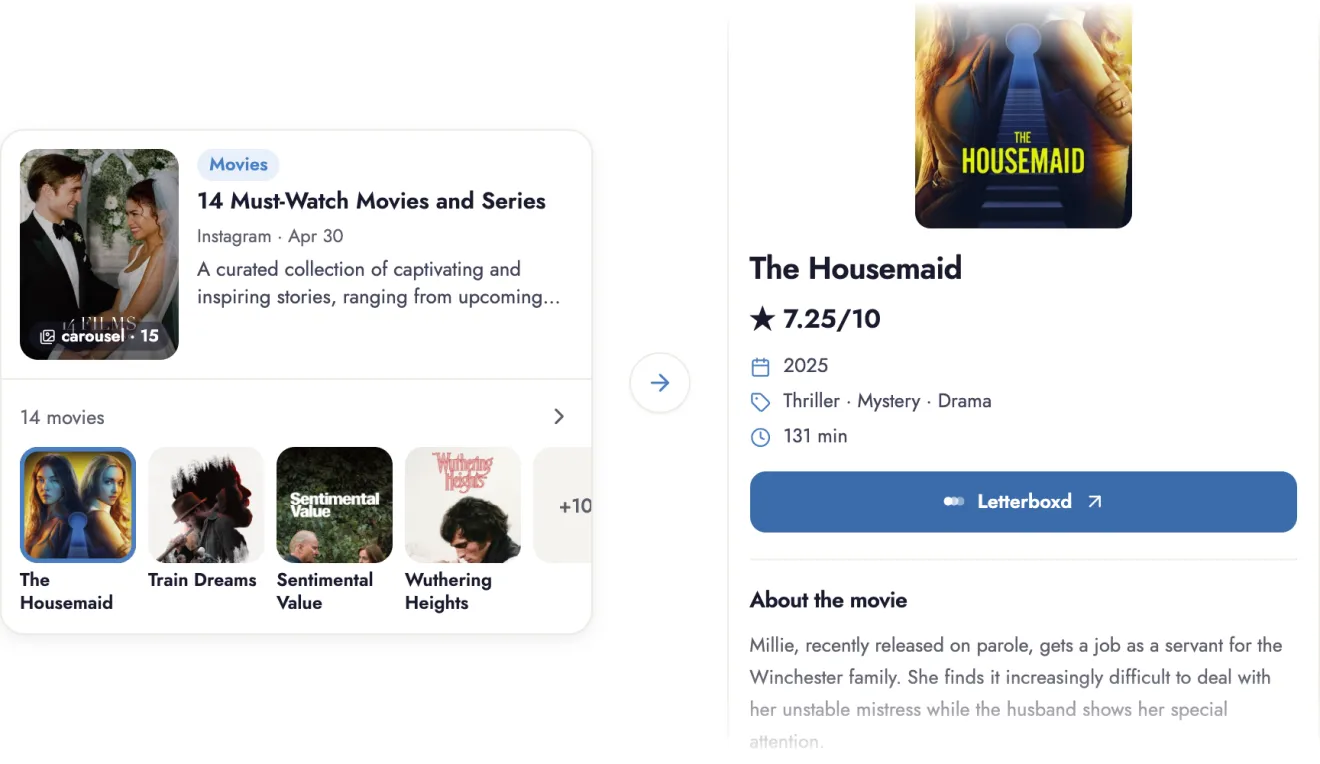 A saved Instagram carousel with must-watch movies and series and the card of The Housemaid from it, with its rating