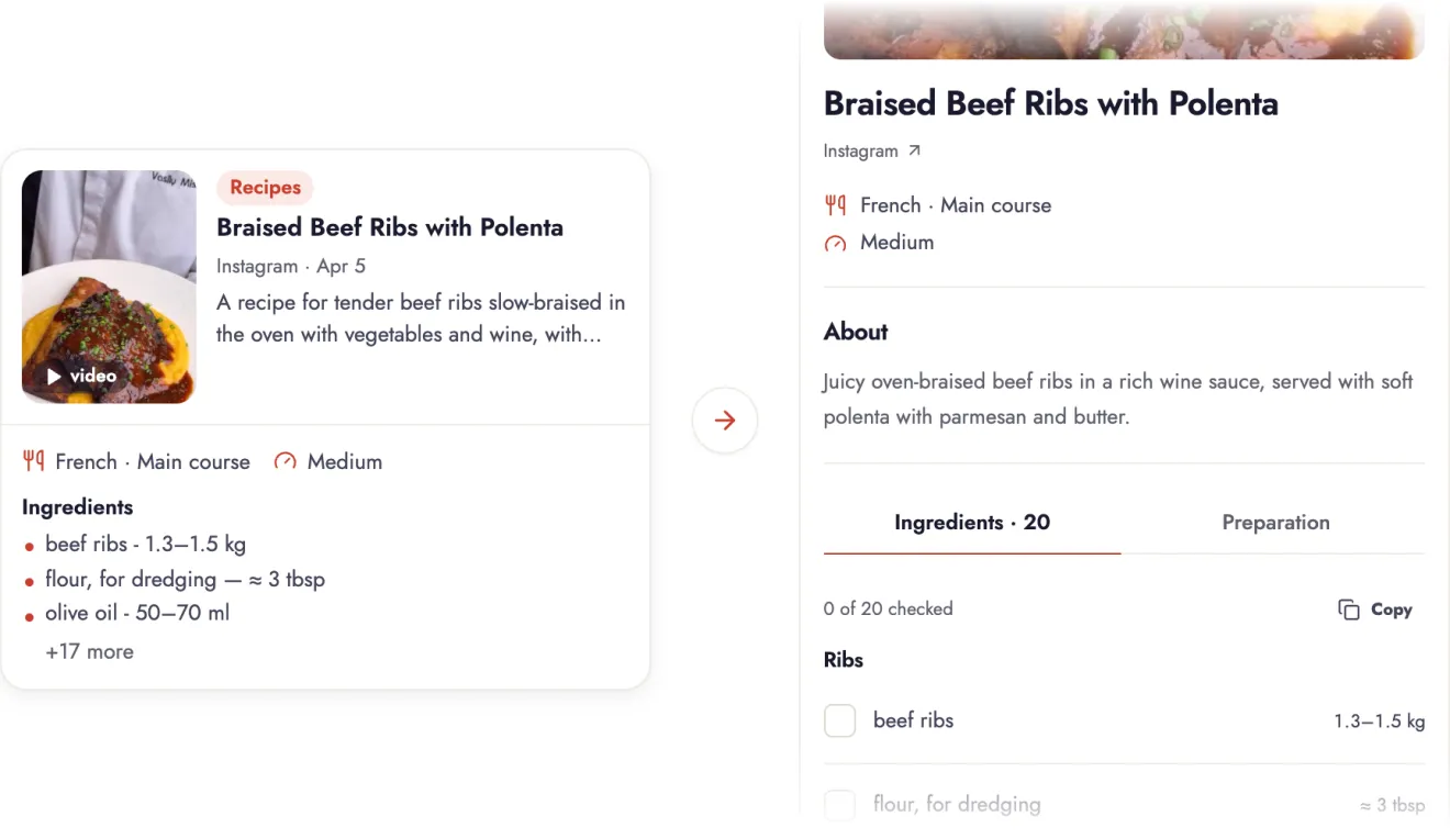 A saved recipe Reel and its card in usefull.io with time, servings, ingredients and steps